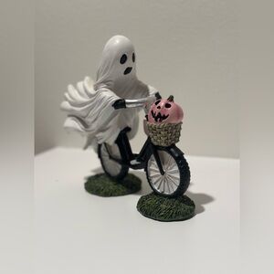 Goblin and Ghoul Halloween Ghost Riding Bicycle with Pink Pumpkin